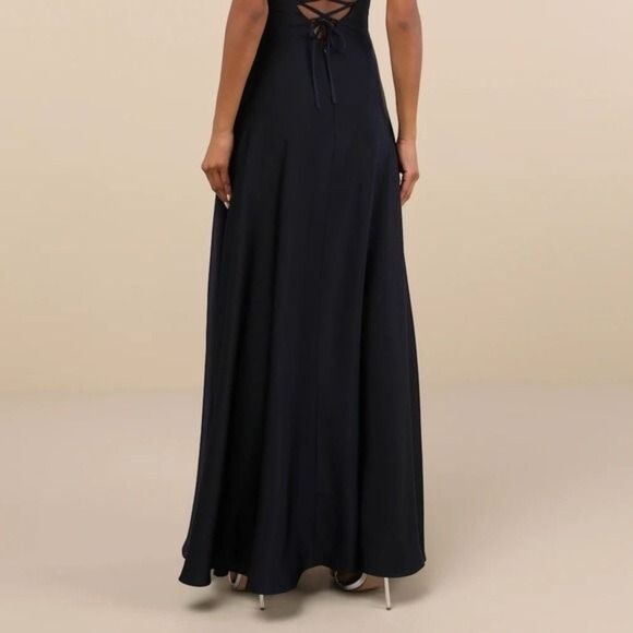 Lulus Stylish Grace Navy Blue Backless Lace-Up Ruffled Maxi Dress Size Small NEW - Picture 10 of 12
